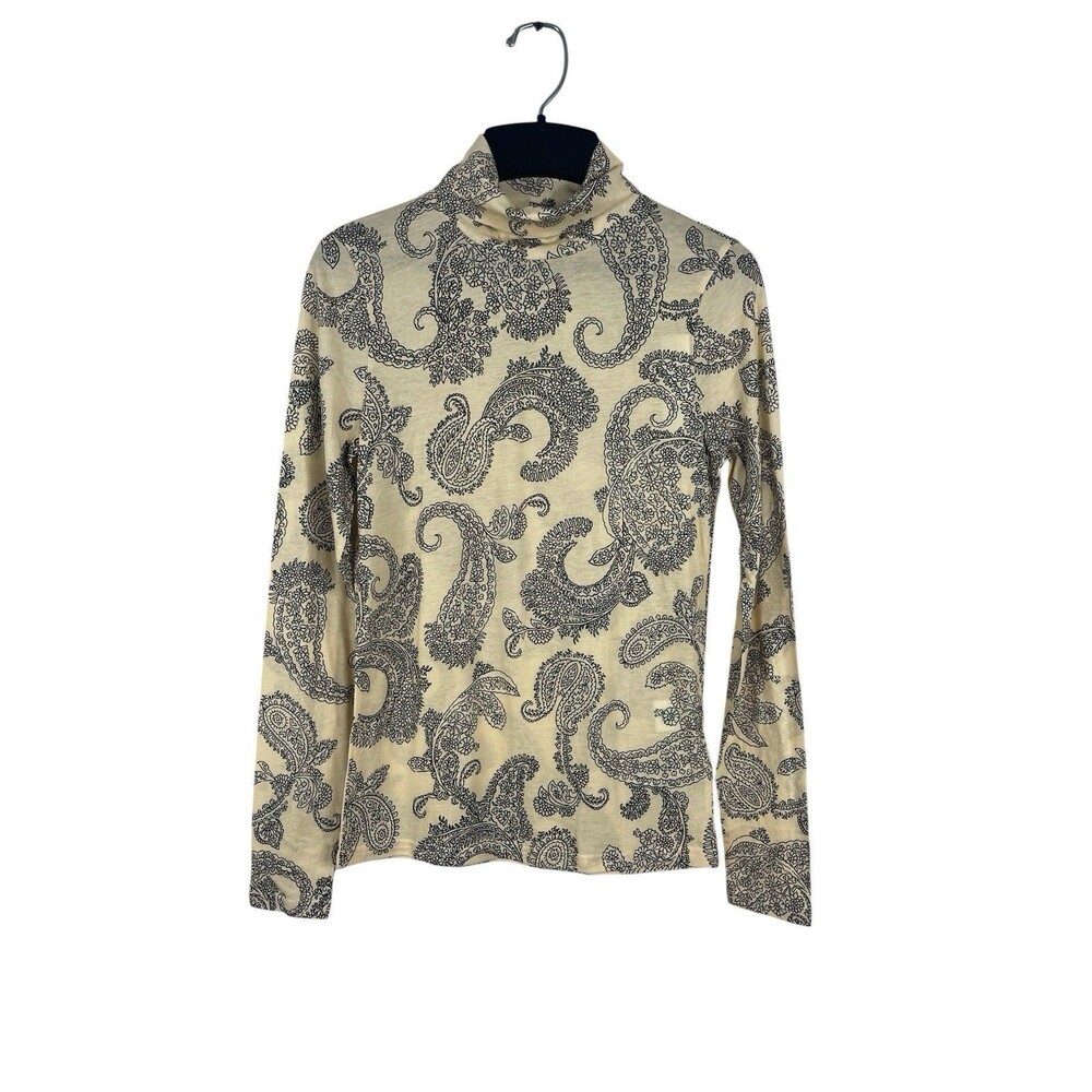 J. Crew Feather Jersey Light Yellow Black Print Lightweight Turtleneck Top NWT S